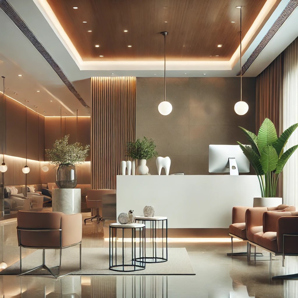 Dall·e 2025 01 28 19.16.40 A Realistic Photograph Like Image Of A Modern Dental Clinic, Showcasing A Clean And Welcoming Reception Area. The Scene Features A Well Lit Space With