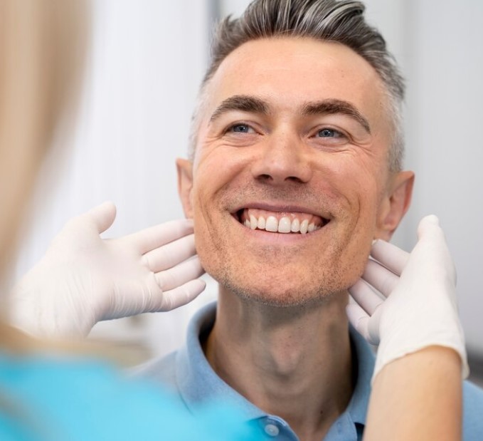 Hombre sonriendo mientras un dentista lo observa