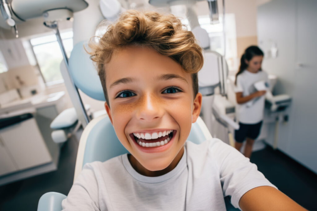 Selfie de un niño sonriendo en la consulta del dentista